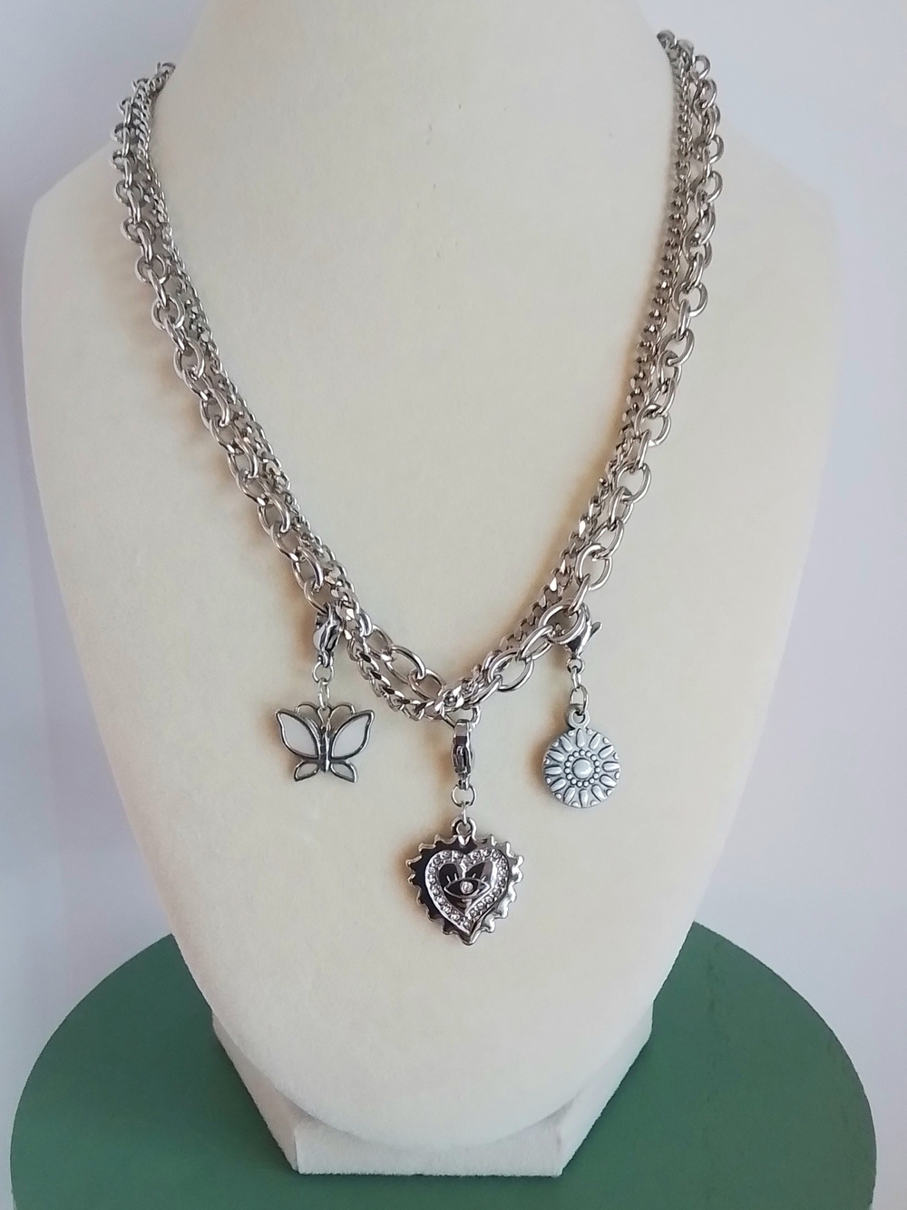 Silver Heart, Butterfly & Sun Charm Layered Chain Necklace